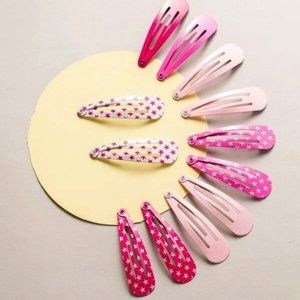 NEW Pink White Stars Snap Hair Clips Pins Barrettes Set of 12